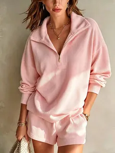 Women Ribbed Half Zip Turn Down Collar Long Sleeve Top And Shorts Set Casual Elegant Two Piece Lounge Outfit
