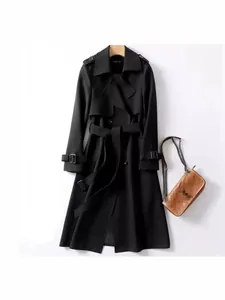 Trench da Donna Lunghezza Media Stile Britannico Poliestere Doppio Petto Antivento Con Cintura Elegante Capispalla con Revers