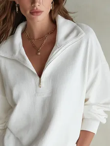 White ribbed long sleeve half-zip pullover top for casual women's wear
