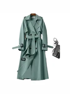 Elegante trench britannico midi verde menta da donna con cintura regolabile