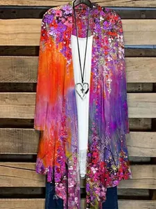 Lebhafter bunter Blumendruck Damen Übergröße langarm offene Sommerstrickjacke Top