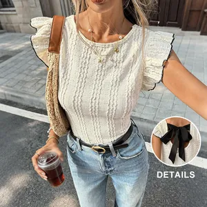 Damen Sommer Flügelärmel Rückenfrei Strick Top Textur Einfarbig Casual Rundhalsausschnitt T-Shirt Mit Rücken Schleife Dekor