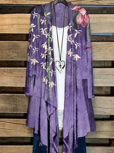 Langer lila Damen-Cardigan mit Blumen- und Kolibri-Print, vorne offen