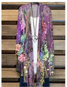 Damen Strickjacke mit Blumendruck Langarm offene Vorderseite für den Urlaub
