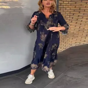 Robe longue bohème chic à imprimé floral col en V et manches longues en bleu marine pour femme