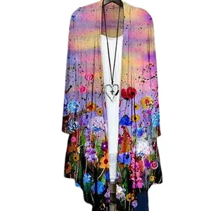 Damen Übergröße Offene Vorderseite Cardigan Langarm Bedruckt Floral Abstrakt Locker Extra Lang Cardigan Für Strand Sommer Urlaub Casual Top