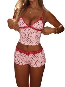 Sexy rosa Schlafanzug-Set für Damen mit Herzprint, Camisole und Shorts mit Spitzenbesatz
