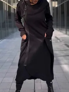 Lange zwarte hoodie met capuchon en asymmetrische rits voor dames herfst