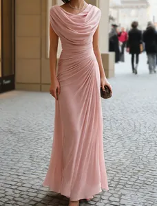 Elegant pink draped neck evening gown with pleated waist detail for formal parties.