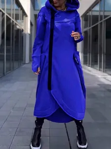 Lange hoodie trenchcoat voor dames in koningsblauw met zakdetail en rits