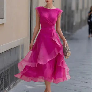 Abito Midi Elegante da Donna in Organza a Volant Senza Maniche Girocollo Vita Alta Abito Formale per Banchetto Matrimonio Festa