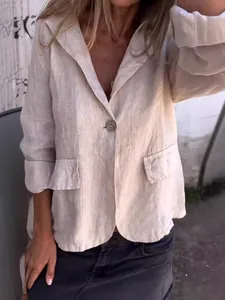Stilvoller lockerer Baumwoll-Leinen-Blazer für Damen mit einem Knopf in Beige