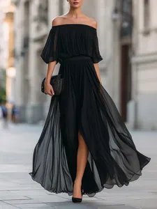 Elegant off-the-shoulder black pleated chiffon maxi dress with high slit detail.