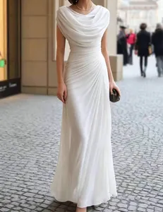 Elegant white cowl neck evening gown with sophisticated pleated design for parties