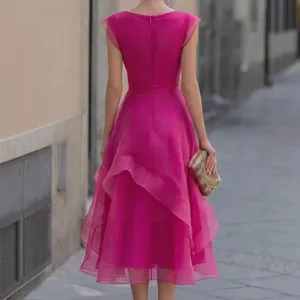 Elegante abito in rete fucsia a balze con orlo a volant, vista posteriore