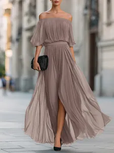 Elegant off-the-shoulder pleated chiffon maxi dress in mauve for summer evening events.