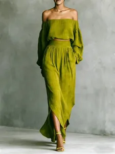Model wearing olive green off-the-shoulder top and irregular split skirt set