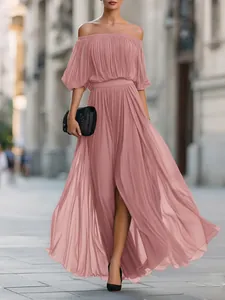 Elegant off-the-shoulder pleated chiffon maxi dress in dusty pink color for summer