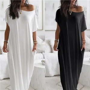 Women Short Sleeve Solid Color Maxi Dress Loose Milk Silk Casual Off-Shoulder Batwing Sleeve Summer Long Dress With Pockets