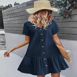 Robe décontractée en coton et lin bleu marine avec boutons et ourlet à volants
