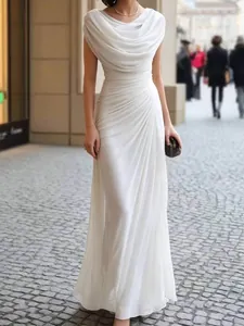 Elegant white cowl neck pleated gown for party, sleeveless floor-length evening dress.
