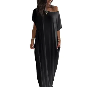Women's casual black short sleeve maxi dress with pockets for summer streetwear.