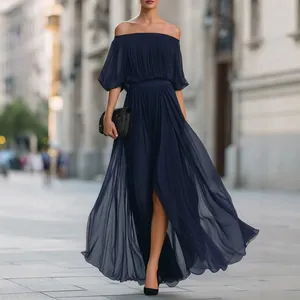 Elegant navy off-the-shoulder pleated chiffon maxi dress for summer evening events