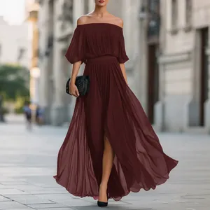 Elegant off-the-shoulder pleated chiffon maxi dress in deep burgundy for summer parties