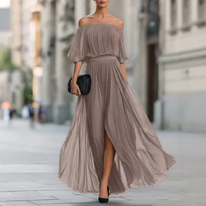 Elegant mauve off-shoulder pleated chiffon maxi dress with high slit for women