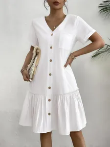 Women's Casual Cotton Linen V-Neck Single Breasted Dress With Pockets Summer Short Sleeve Ruffle Hem Loose Midi Dress