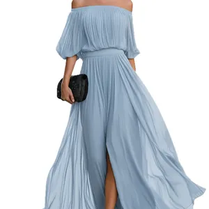 Elegant off-the-shoulder pleated chiffon maxi dress in light blue with side slit.