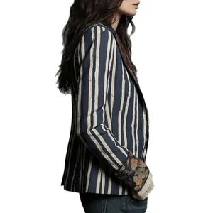Stylish Bohemian blue and white striped blazer for women with floral print cuffs side view