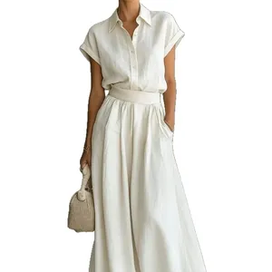 Elegantes cremeweißes Leinen-Zweiteiler-Set mit Kurzarmhemd und Hose mit weitem Bein für Damen