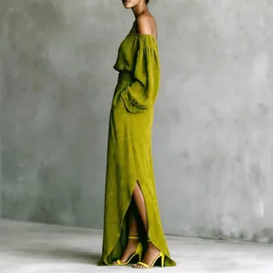 Elegant two-piece olive green off-shoulder crop top and high slit maxi skirt set