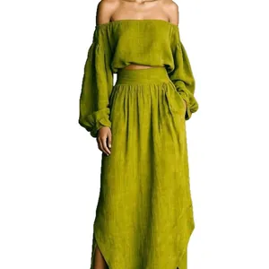Elegant olive green off-shoulder lantern sleeve crop top and matching long skirt set