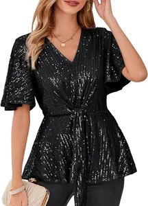 Close-up detail of women's black sequined V-neck top featuring elegant flutter sleeves