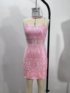 Detailed view of sexy pink sequined camisole mini dress with elegant embroidery patterns.