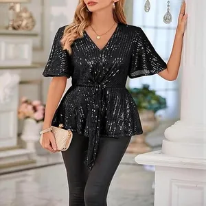 Elegant black sequin top for women featuring a V-neckline and stylish flared short sleeves