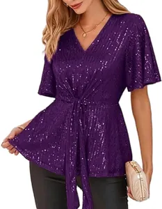 Detail view of a sparkling purple sequin V-neck blouse with elegant flare sleeves.