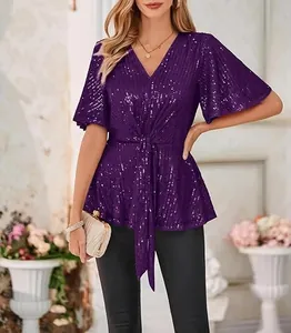Elegant purple sequin V-neck top with flared sleeves and waist tie for evening party