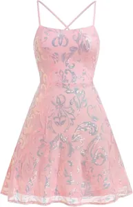 Detail view of pink sequin mini dress with intricate floral embroidery patterns.