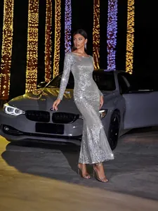 Vestido de Noche Elegante de Lentejuelas Plateadas para Mujer Sexy Ajustado Manga Larga hasta el Suelo para Banquete Fiesta