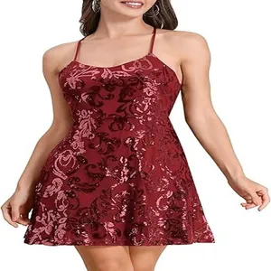 Detailed shot of the burgundy sequined texture and sleeveless design on the mini dress