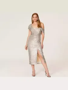 Robe de Soirée Midi Sexy à Paillettes Argentées pour Femme Élégante Robe Fourreau Froncée à Fente Haute pour Banquet Mariage