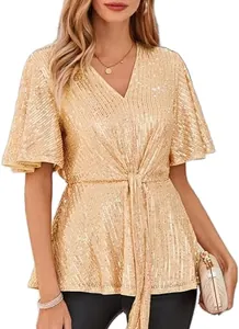 Detailed view of women's gold sequin V-neck top with flare sleeves and tie waist