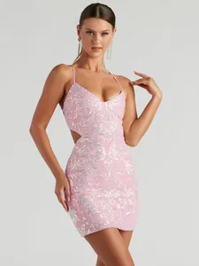 Vestido Mini Sexy de Lentejuelas para Mujer Fiesta Cuello en V Sin Mangas Espalda Descubierta Cordones Cruzados Bodycon Cóctel Rosa