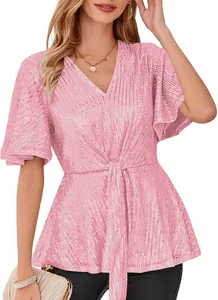 Close-up of pink sequined V-neck top with elegant flutter sleeves for party wear