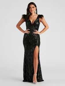 Vestido de Noche Elegante Negro con Lentejuelas Escote en V Profundo Abertura Alta Sin Mangas Hombro de Plumas Lujo Banquete Fiesta Vestido Largo