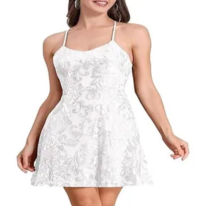 Elegant white sequined spaghetti strap mini cocktail dress for women party wear