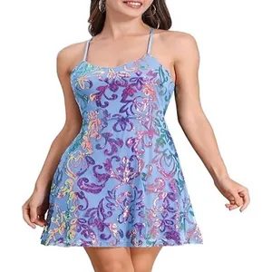 Sleeveless sparkly light blue sequin mini cocktail dress for women party event wear